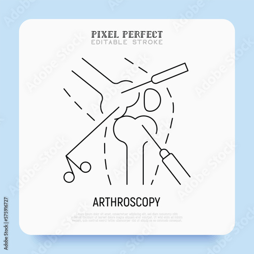 Arthroscopy, surgical procedure for knee joint arthritis. Thin line icon. Pixel perfect, editable stroke. Vector illustration.