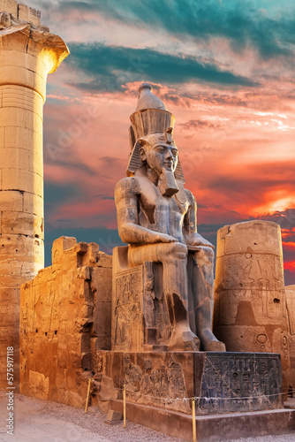Luxor Temple entrance, Ramesses II statue, sunset scenery, Egypt