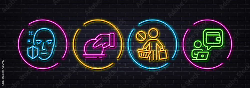 Stop shopping, Donate and Face protection minimal line icons. Neon laser 3d lights. Wallet icons. For web, application, printing. No buying, Money charity, Secure access. Online money. Vector Stop shopping, Donate and Face protection minimal line icons. Neon laser 3d lights. Wallet icons. For web, application, printing. No buying, Money charity, Secure access. Online money. Vector