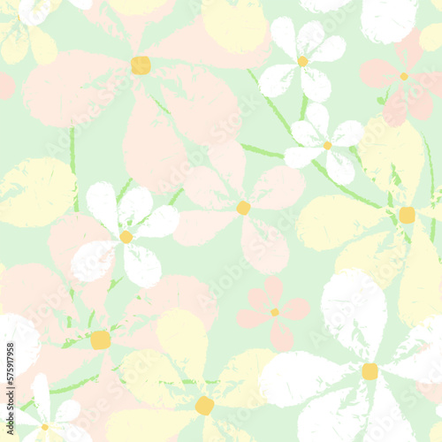 Spring seamless pattern with blooming branches, leaves and flowers in soft pastel colors. The texture of the drawing with wax crayons
