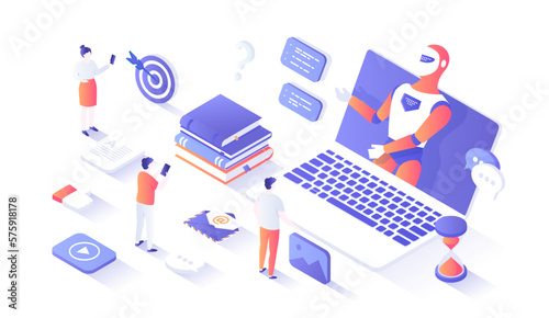 Chatbot robot virtual communicate via laptop. Сhat bot application gives answers to questions. Dialog helping service. Online technology support.Isometry illustration with people scene for web graphic