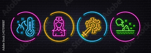 High thermometer, Hospital nurse and Coronavirus vaccine minimal line icons. Neon laser 3d lights. Skin moisture icons. For web, application, printing. Vector