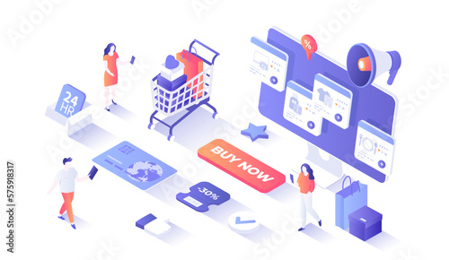 Online shopping, internet retail. Buying payment online. Application service website banking. Online store cart, credit card, megaphone. Isometry illustration with people scene for web graphic.