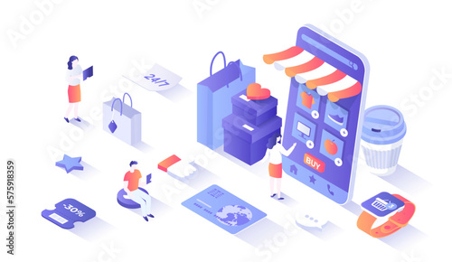 Online Store Shop. Mobile application. Internet shopping, e-commerce, 24 hour service. Online ordering of groceries. Isometry illustration with people scene for web graphic.