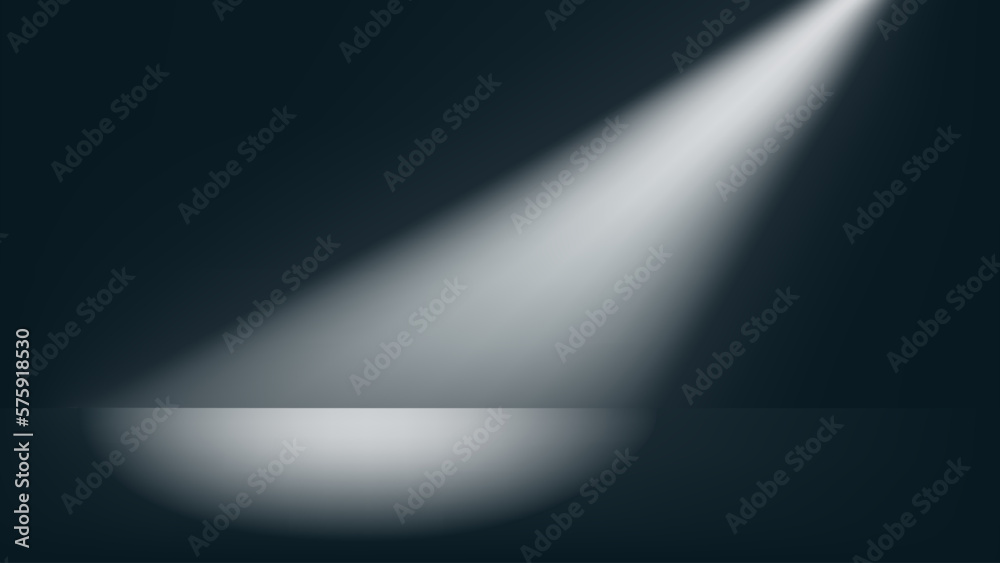 Dark studio background with spotlight lighting from side. Empty room with monochromatic black wall and floor, spot light and shadow. Vector banner for product presentation, realistic photo space.