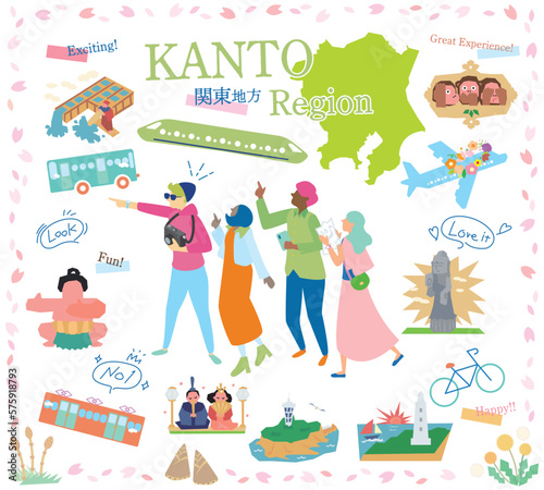 日本の関東地方の春の名物観光を楽しむ観光客、アイコンのセット（フラット）