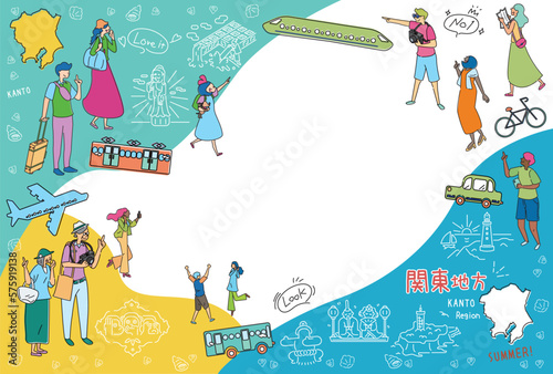 日本の関東地方の夏の名物観光を楽しむ観光客、アイコンのセット（線画）