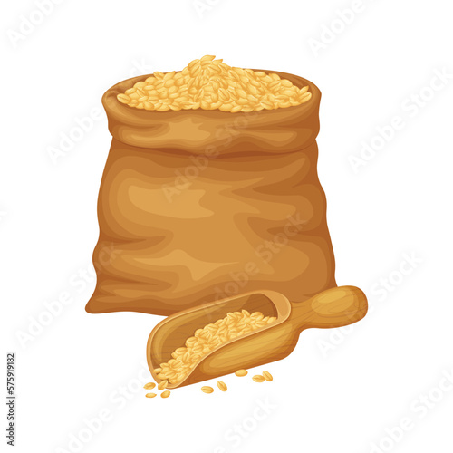 Wheat. Wheat in a bag. A large bag of wheat grains and a wooden scoop. Seed. Vector illustration isolated on a white background