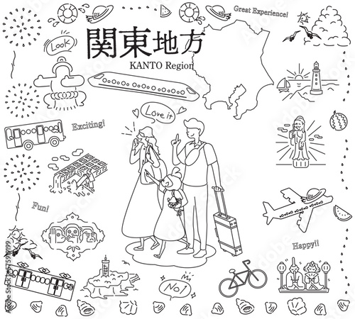 日本の関東地方の夏の名物観光を楽しむ三人家族、アイコンのセット（線画白黒）