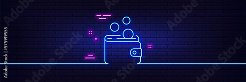 Neon light glow effect. Wallet money line icon. Cash coins sign. Business income symbol. 3d line neon glow icon. Brick wall banner. Wallet money outline. Vector
