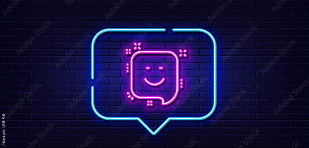 Neon light speech bubble. Smile line icon. Positive feedback rating sign. Customer satisfaction symbol. Neon light background. Smile glow line. Brick wall banner. Vector Neon light speech bubble. Smile line icon. Positive feedback rating sign. Customer satisfaction symbol. Neon light background. Smile glow line. Brick wall banner. Vector