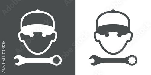 Símbolo servicio técnico. Icono de manitas con silueta de cabeza de hombre con gorra de béisbol y herramienta llave