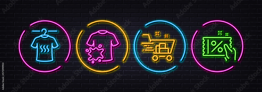 Dirty t-shirt, Dry t-shirt and Shopping cart minimal line icons. Neon laser 3d lights. Discount coupon icons. For web, application, printing. Laundry shirt, Market order, Sale flyer. Vector