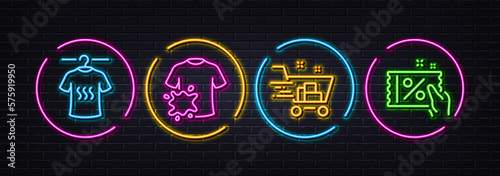 Dirty t-shirt, Dry t-shirt and Shopping cart minimal line icons. Neon laser 3d lights. Discount coupon icons. For web, application, printing. Laundry shirt, Market order, Sale flyer. Vector