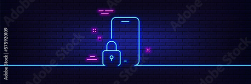 Neon light glow effect. Lock line icon. Phone padlock sign. Security access symbol. 3d line neon glow icon. Brick wall banner. Lock outline. Vector