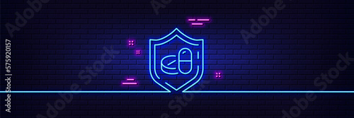 Neon light glow effect. Medical tablet line icon. Medicine drugs sign. Pharmacy medication symbol. 3d line neon glow icon. Brick wall banner. Medical tablet outline. Vector
