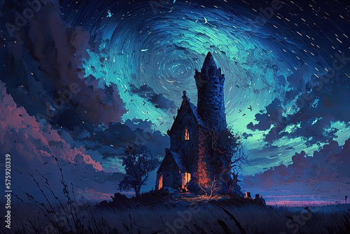 A crumbling wizard's tower in a grassy field under the night sky. Generative AI.