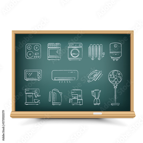 Chalk draw energy-consuming icons on blackboard