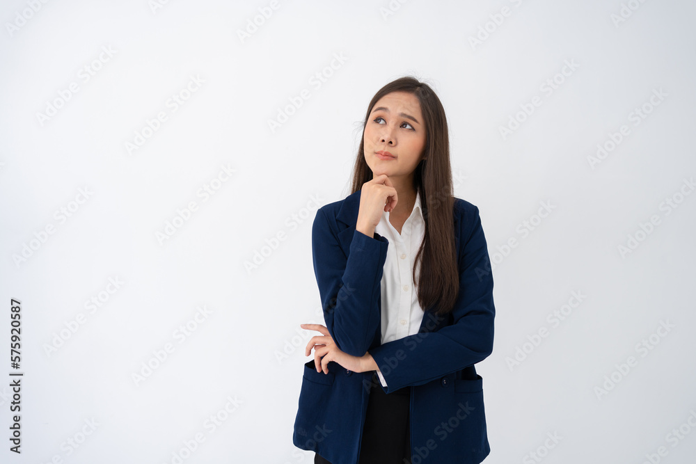 Portrait of smart and happy young thoughtful Asian business women think for new ideas on isolated white background. Concept of advertising marketing and product placement. Portrait of smart and happy young thoughtful Asian business women think for new ideas on isolated white background. Concept of advertising marketing and product placement.