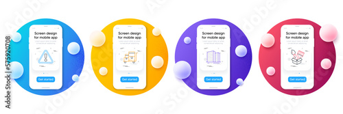 Minimal set of Warning, Buildings and Inventory cart line icons for web development. Phone ui interface mockup with balls. Brush icons. Important message, Town apartments, Warehouse goods. Vector