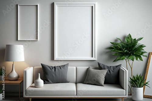 Blank picture frame mockup on gray wall. White living room design.  Generative AI
