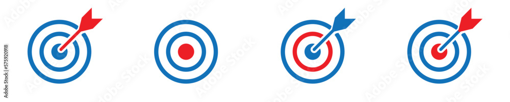 Set of goals. Target icons with arrow. Archery target symbols isolated on white background. Set of goals. Target icons with arrow. Archery target symbols isolated on white background.