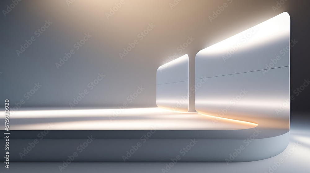 Beautiful futuristic technological light silver podium with light neon panels for product presentation. AI generated. - obrazy, fototapety, plakaty 