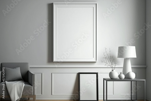 Blank picture frame mockup on gray wall. White living room design. Generative AI