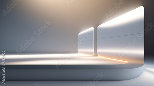 Foto Beautiful futuristic technological light silver podium with light neon panels for product presentation