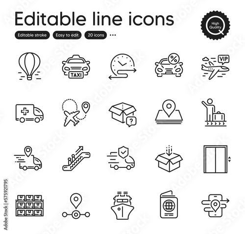 Set of Transportation outline icons. Contains icons as Station, Luggage belt and Escalator elements. Air balloon, Get box, Boxes shelf web signs. Delivery truck, Gps, Vip flight elements. Vector