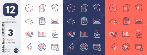 Set of Documents, Coronavirus and Infographic graph line icons. Include Difficult stress, Time management, Cloud computing icons. Mindfulness stress, Upper arrows, Engineering web elements. Vector