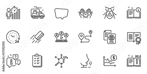 Outline set of Video conference, Business statistics and Credit card line icons for web application. Talk, information, delivery truck outline icon. Vector