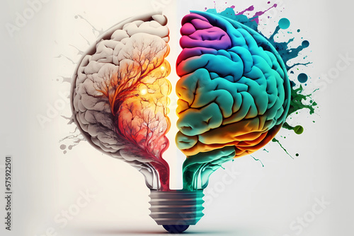 Multicolor Brain and Light Bulb Illustration, Creative smart thinking for inspiration and innovation Idea. Generative AI
