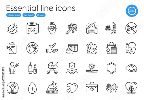 Baby carriage, Do not touch and Face accepted line icons. Collection of Dermatologically tested, Fitness calendar, Skin cream icons. Shield, Oil serum, Cardio training web elements. Vector