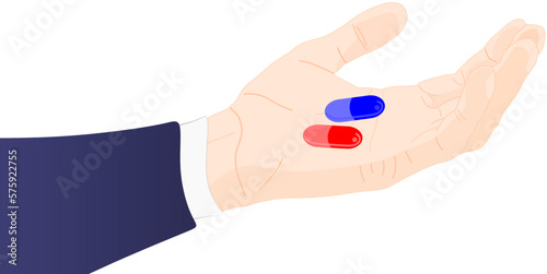 Mano de hombre caucásico sosteniendo dos píldoras de distinto color en concepto de elección y opción con fondo transparente