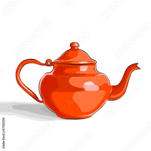 Red tea pot. Hand drawing tea pot illustration.