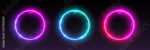 Gradient neon circle frames with smoke, led borders with mist effect, transparent glowing haze. Avatar frames for game, futuristic UI design elements. Vector decorations.