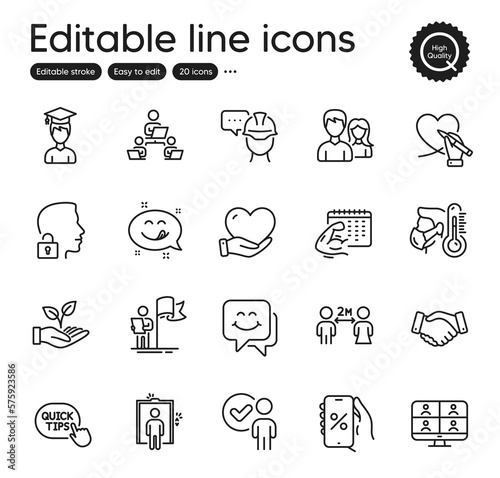 Set of People outline icons. Contains icons as Leadership, Employees handshake and Verification person elements. Sick man, Social care, Video conference web signs. Social distancing. Vector