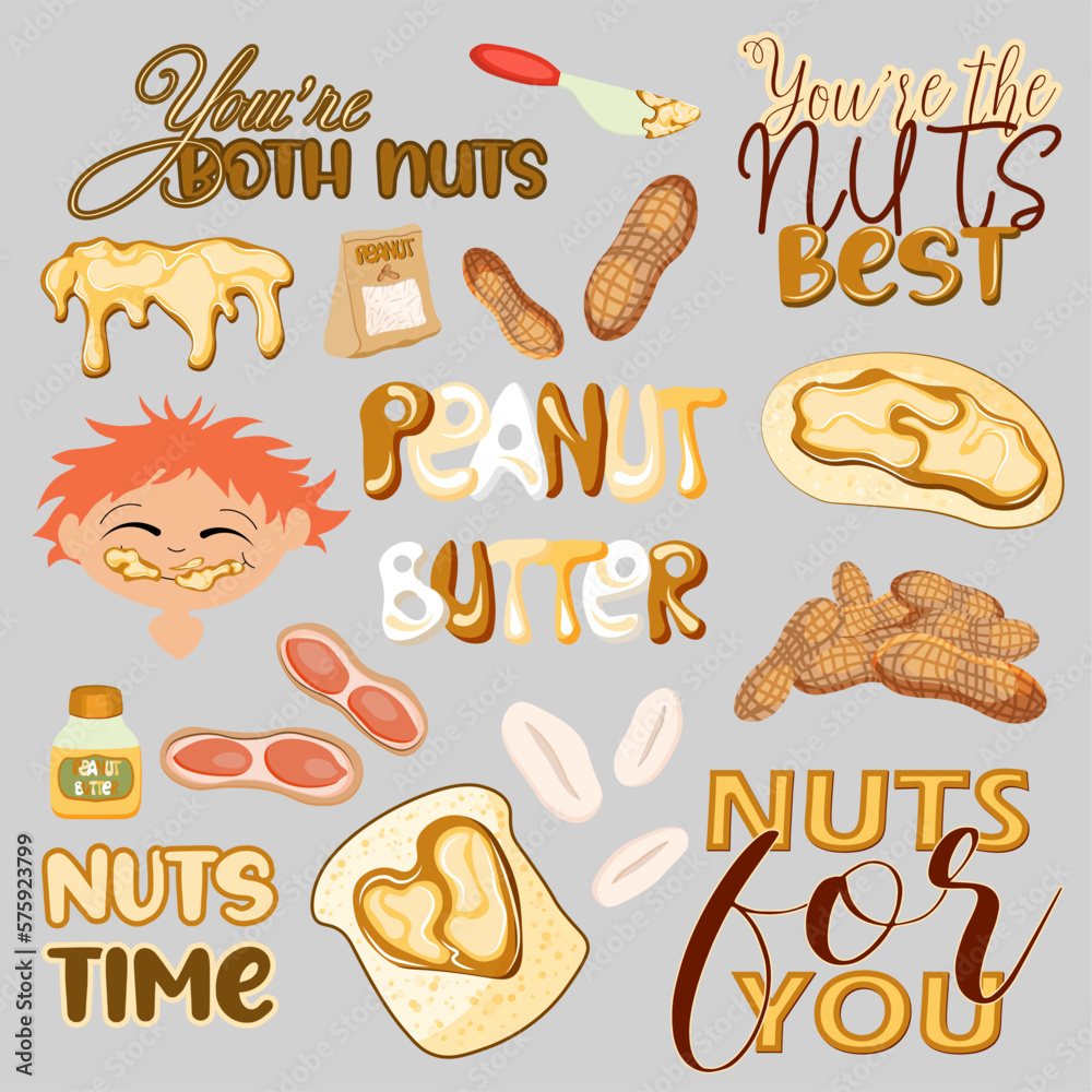 Set of peanut elements. Nuts, butter, peanut butter sandwich. Stickers.vector illustration. Set of peanut elements. Nuts, butter, peanut butter sandwich. Stickers.vector illustration.