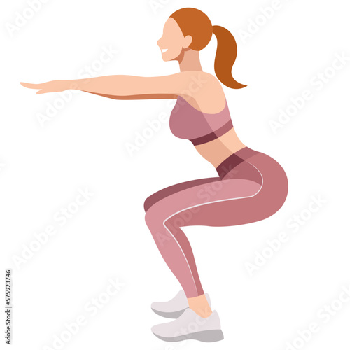 vector image of a girl in a sports uniform (leggings and a sports bra) is engaged in fitness, sports, training. girl squats, does lunges, trains her legs and buttocks. isolated on a white background.