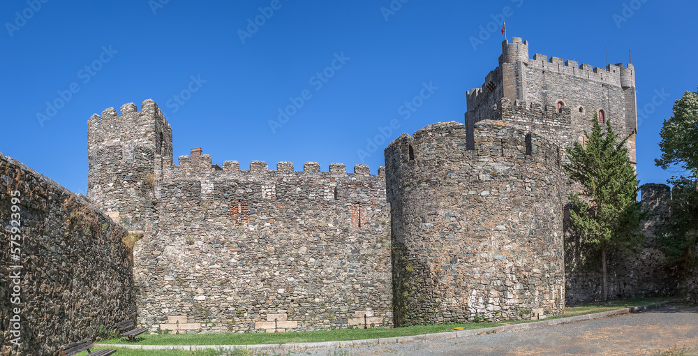 Panoramic view at the exterior front facade tower at Castle of Bragança, a medieval castle and iconic monument on Bragança city, portuguese heritage and landmark