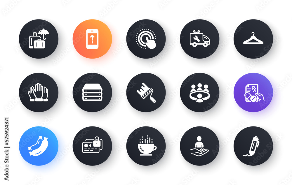 Minimal set of Car service, Luggage insurance and Cloakroom flat icons for web development. Meeting, Paint roller, Card icons. Prescription drugs, Vote, Click hand web elements. Servers. Vector