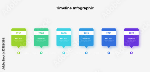 Six elements placed in horizontal row. Concept of timeline infographic design template