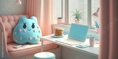 cartoon style, cute teen girl room interior, pastel colors, generative AI