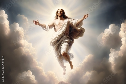 The resurrected Jesus Christ ascending to heaven in the clouds with bright light. Generative AI. © Martin