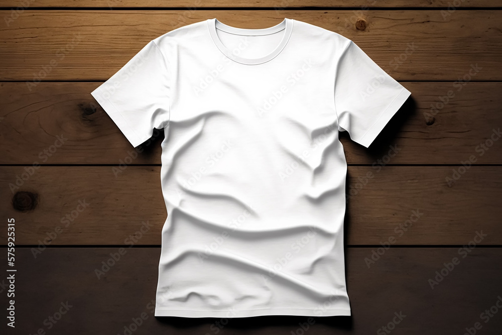 white t-shirt mockup flat lay on wooden background. Generative AI
white t-shirt mockup flat lay on wooden background. Generative AI