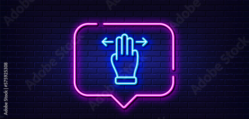 Neon light speech bubble. Multitasking gesture line icon. Slide arrow sign. Swipe action symbol. Neon light background. Multitasking gesture glow line. Brick wall banner. Vector