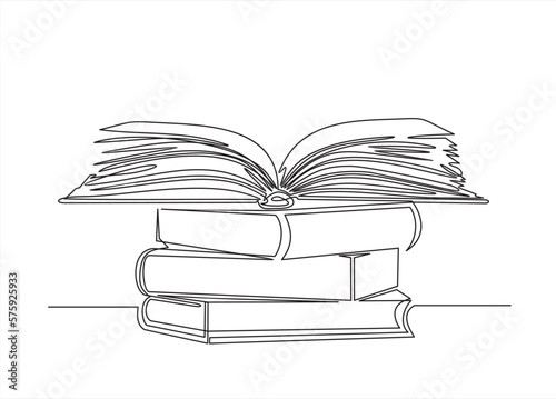 Continuous one line drawing of  books stack minimalist vector design on white background. Isolated simple line modern graphic style. Hand drawn graphic concept for education.