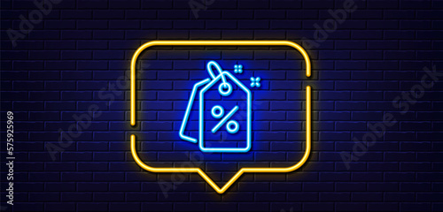 Neon light speech bubble. Discount tags line icon. Sale offer sign. Promotion price symbol. Neon light background. Discount tags glow line. Brick wall banner. Vector