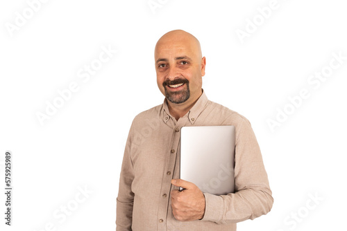Hugging notebook, portrait of smiling man hugging notebook. Transparent png image win concept idea. Holding modern laptop. Positive caucasian male office worker posing, looking camera. Copy space.